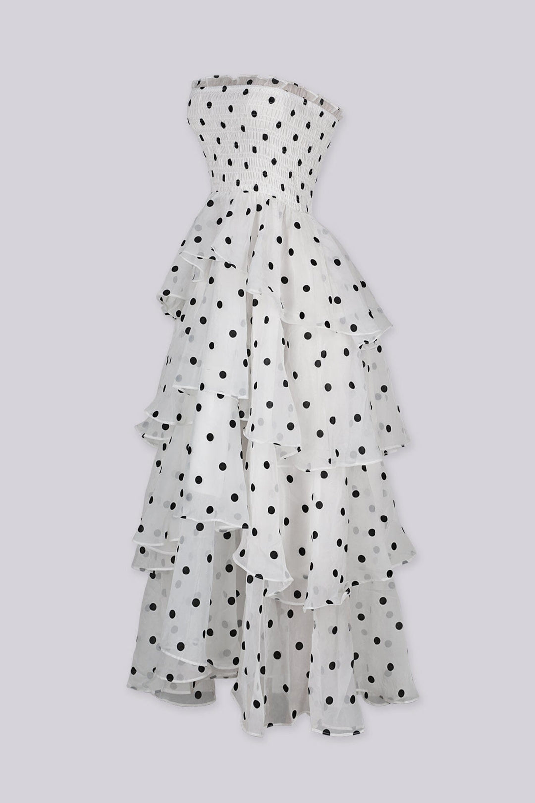 Polka dot strapless midi dress featuring layered ruffle details, Slip on closure