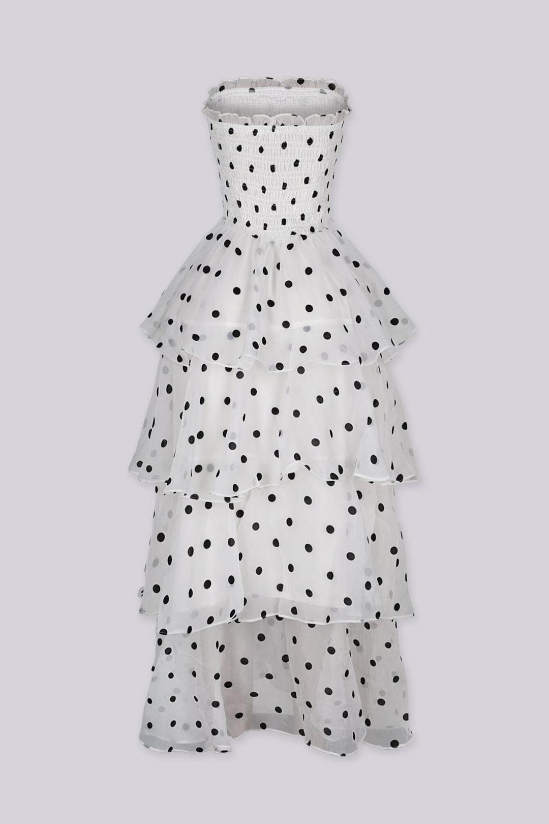 Polka dot strapless midi dress featuring layered ruffle details, Slip on closure
