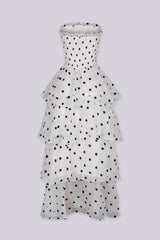 Polka dot strapless midi dress featuring layered ruffle details, Slip on closure