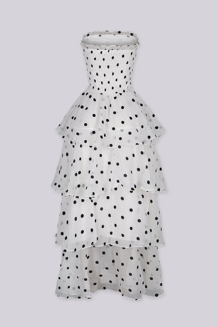 Polka dot strapless midi dress featuring layered ruffle details, Slip on closure