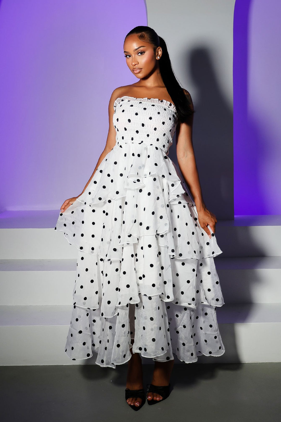 Polka dot strapless midi dress featuring layered ruffle details, Slip on closure