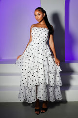 Polka dot strapless midi dress featuring layered ruffle details, Slip on closure