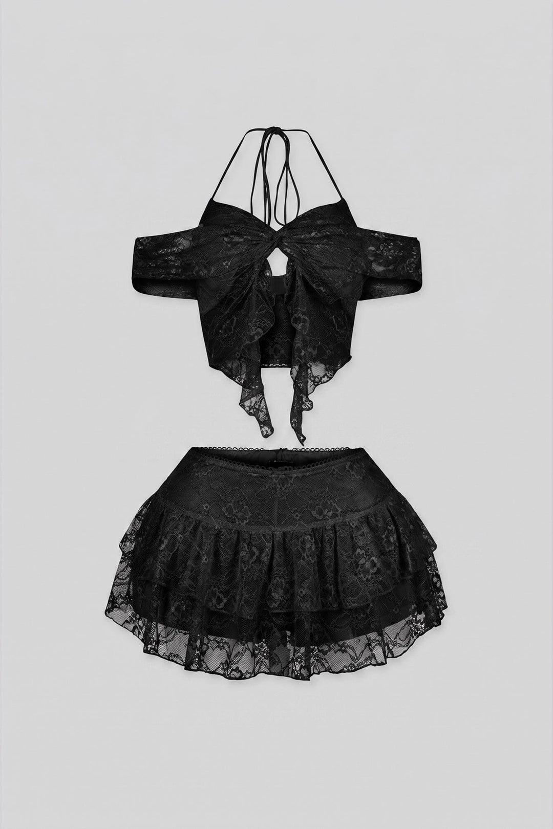 Lace halter neck bra top with adjustable back string, Matching low waist mesh ruffle mini skirt set with shorts lining
