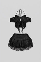 Lace halter neck bra top with adjustable back string, Matching low waist mesh ruffle mini skirt set with shorts lining