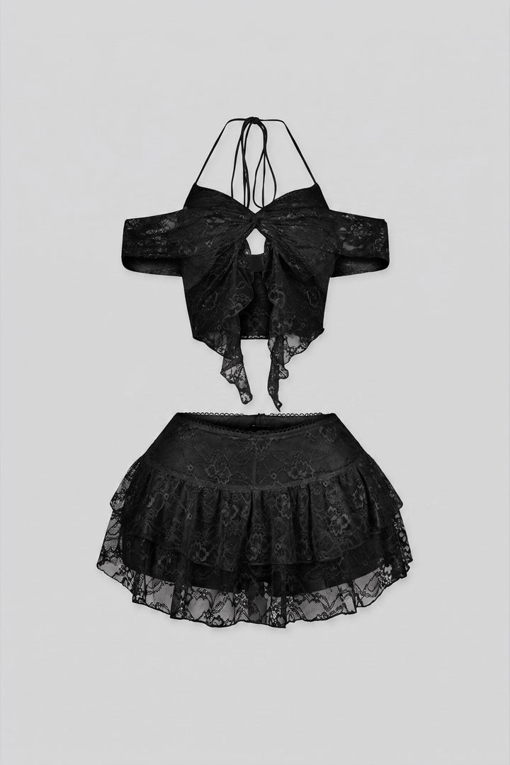 Lace halter neck bra top with adjustable back string, Matching low waist mesh ruffle mini skirt set with shorts lining