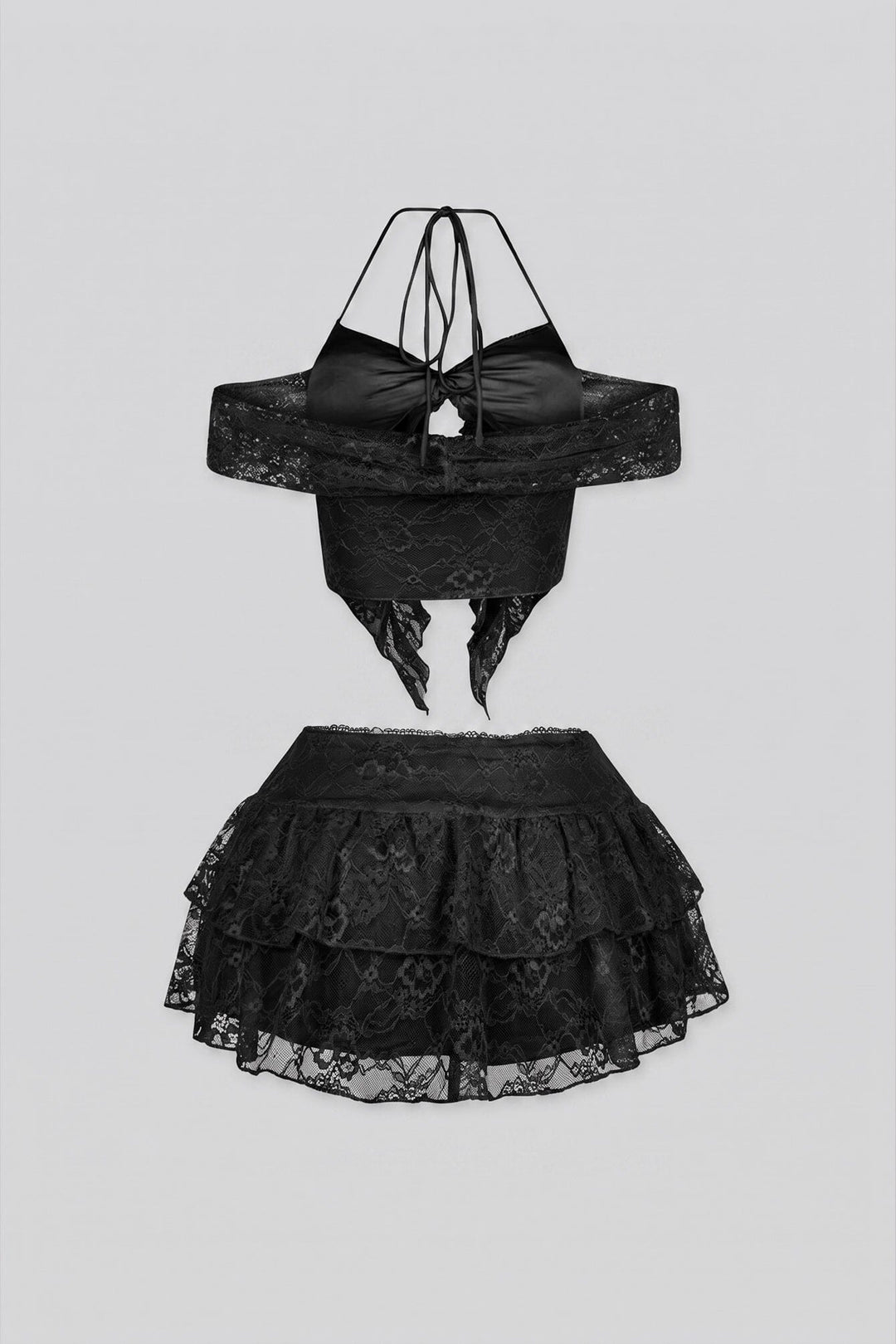 Lace halter neck bra top with adjustable back string, Matching low waist mesh ruffle mini skirt set with shorts lining