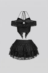 Lace halter neck bra top with adjustable back string, Matching low waist mesh ruffle mini skirt set with shorts lining