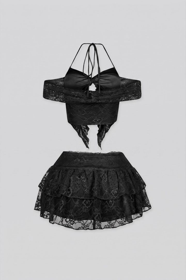 Lace halter neck bra top with adjustable back string, Matching low waist mesh ruffle mini skirt set with shorts lining