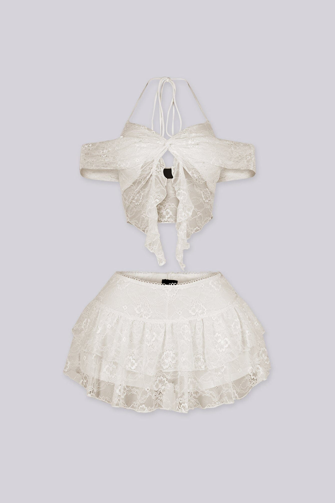 Lace halter neck bra top with adjustable back string, Matching low waist mesh ruffle mini skirt set with shorts lining