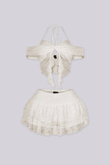 Lace halter neck bra top with adjustable back string, Matching low waist mesh ruffle mini skirt set with shorts lining
