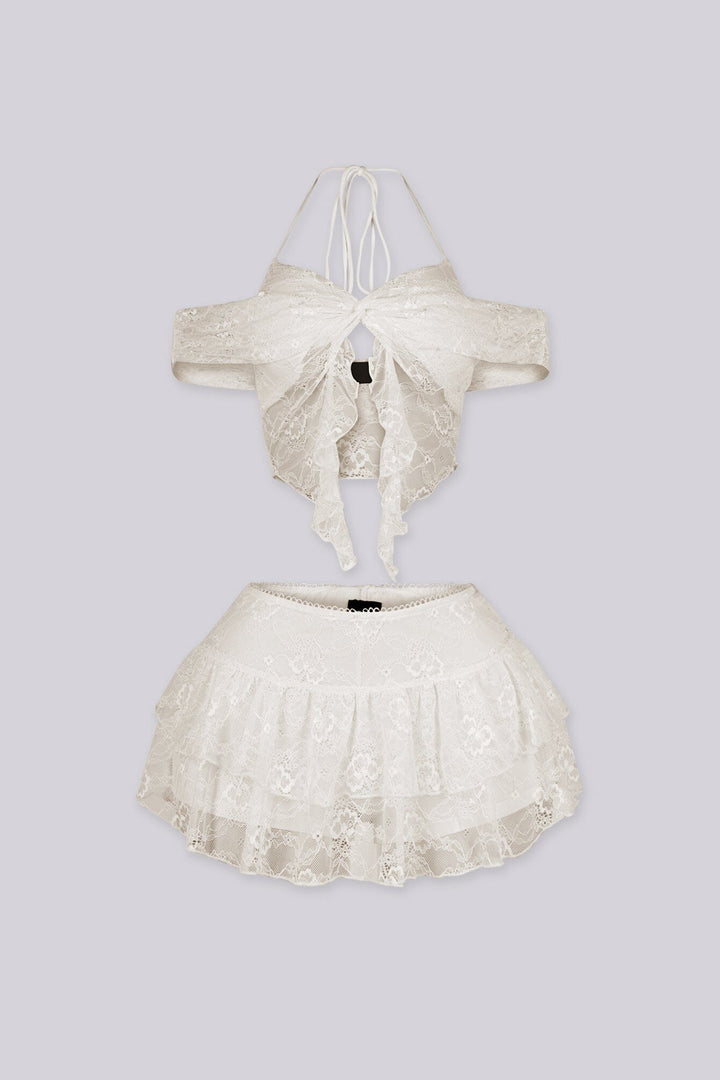 Lace halter neck bra top with adjustable back string, Matching low waist mesh ruffle mini skirt set with shorts lining