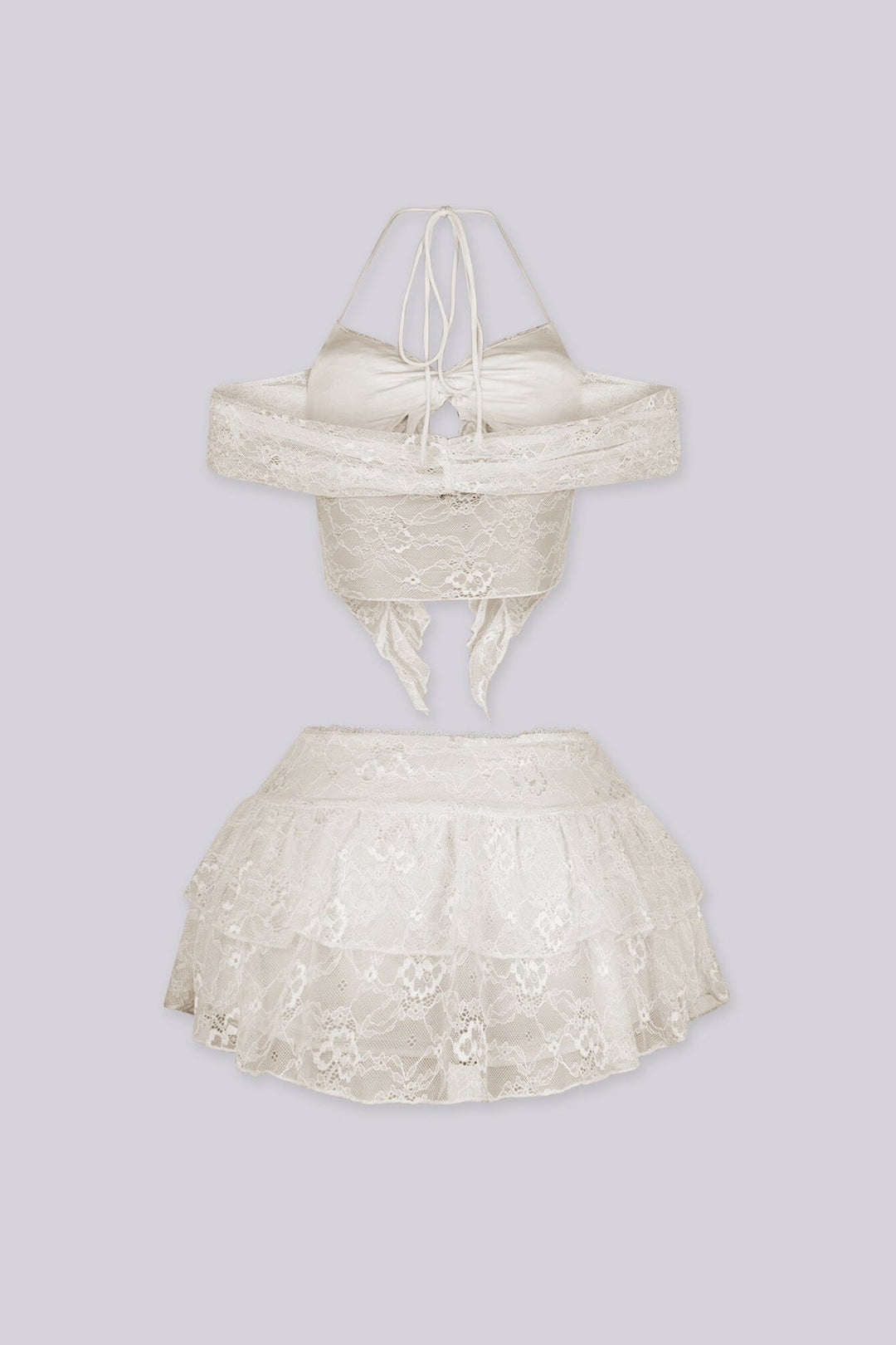 Lace halter neck bra top with adjustable back string, Matching low waist mesh ruffle mini skirt set with shorts lining