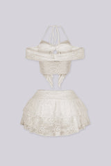 Lace halter neck bra top with adjustable back string, Matching low waist mesh ruffle mini skirt set with shorts lining