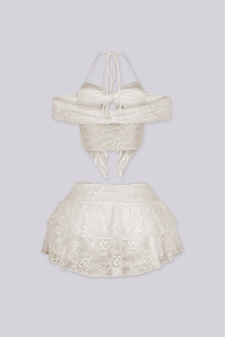 Lace halter neck bra top with adjustable back string, Matching low waist mesh ruffle mini skirt set with shorts lining