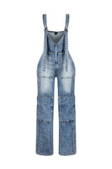 Denim wide leg overall jumpsuit featuring adjustable straps and snap pockets