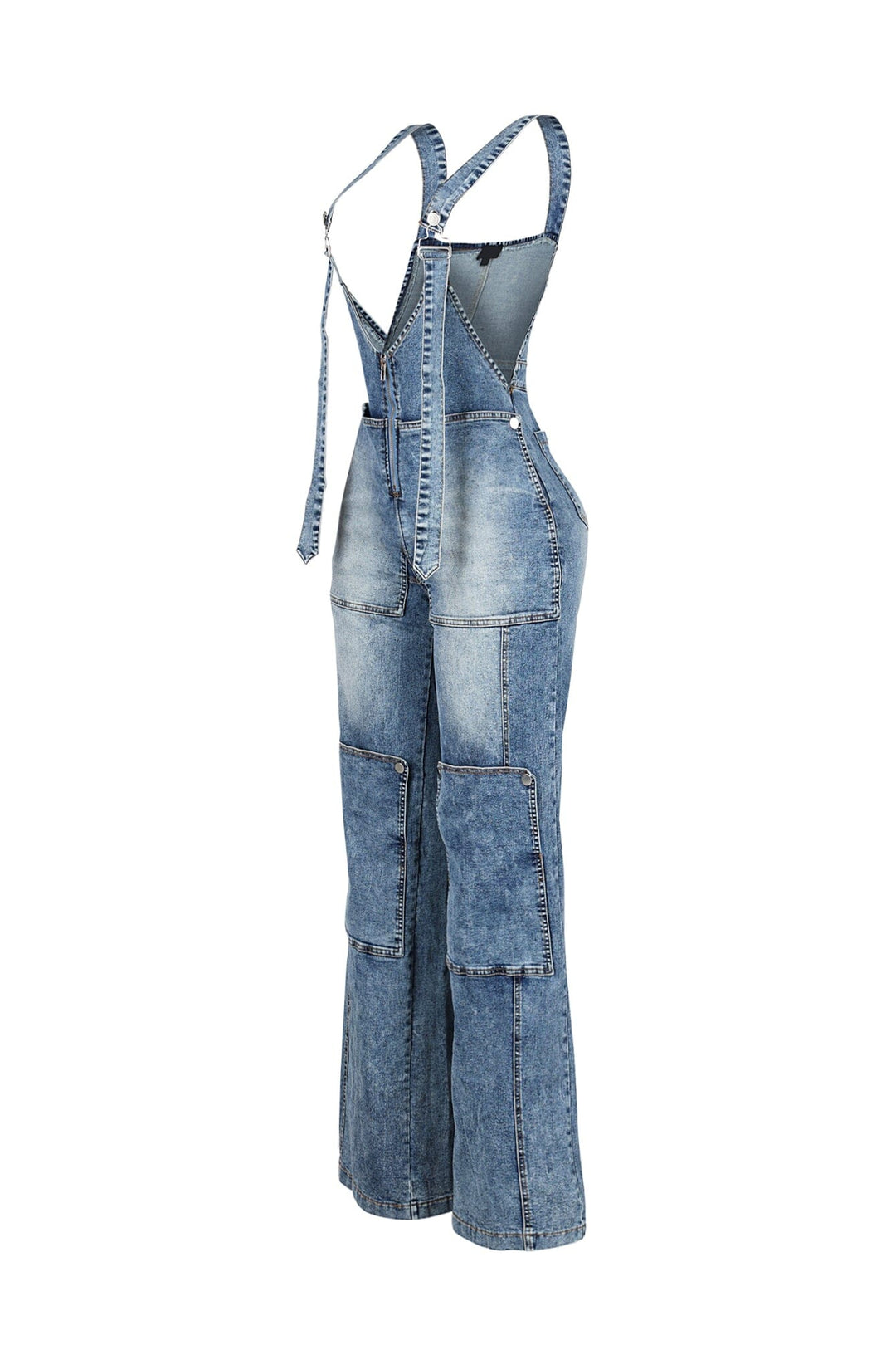 Denim wide leg overall jumpsuit featuring adjustable straps and snap pockets
