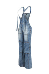 Denim wide leg overall jumpsuit featuring adjustable straps and snap pockets