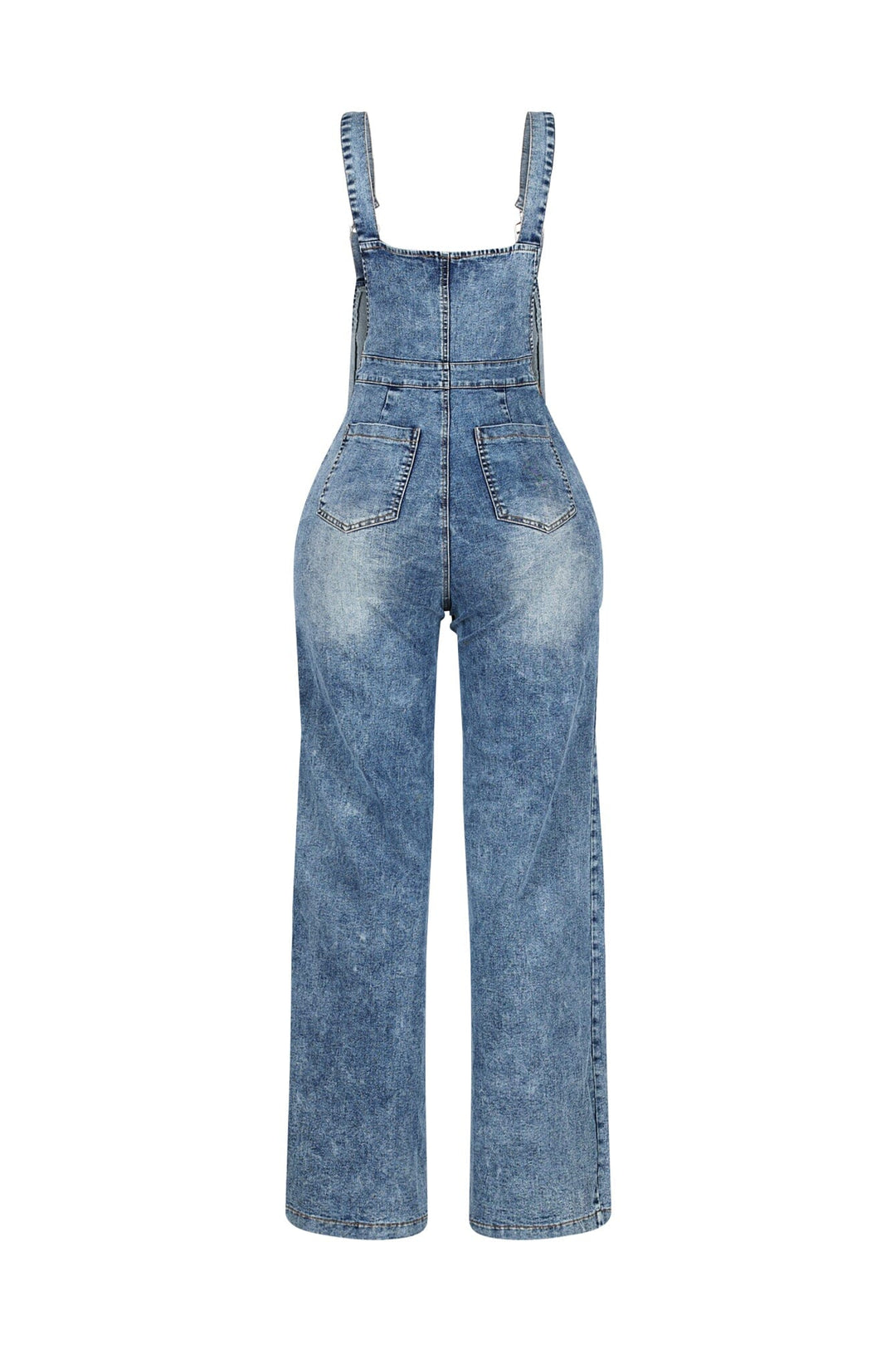 Denim wide leg overall jumpsuit featuring adjustable straps and snap pockets