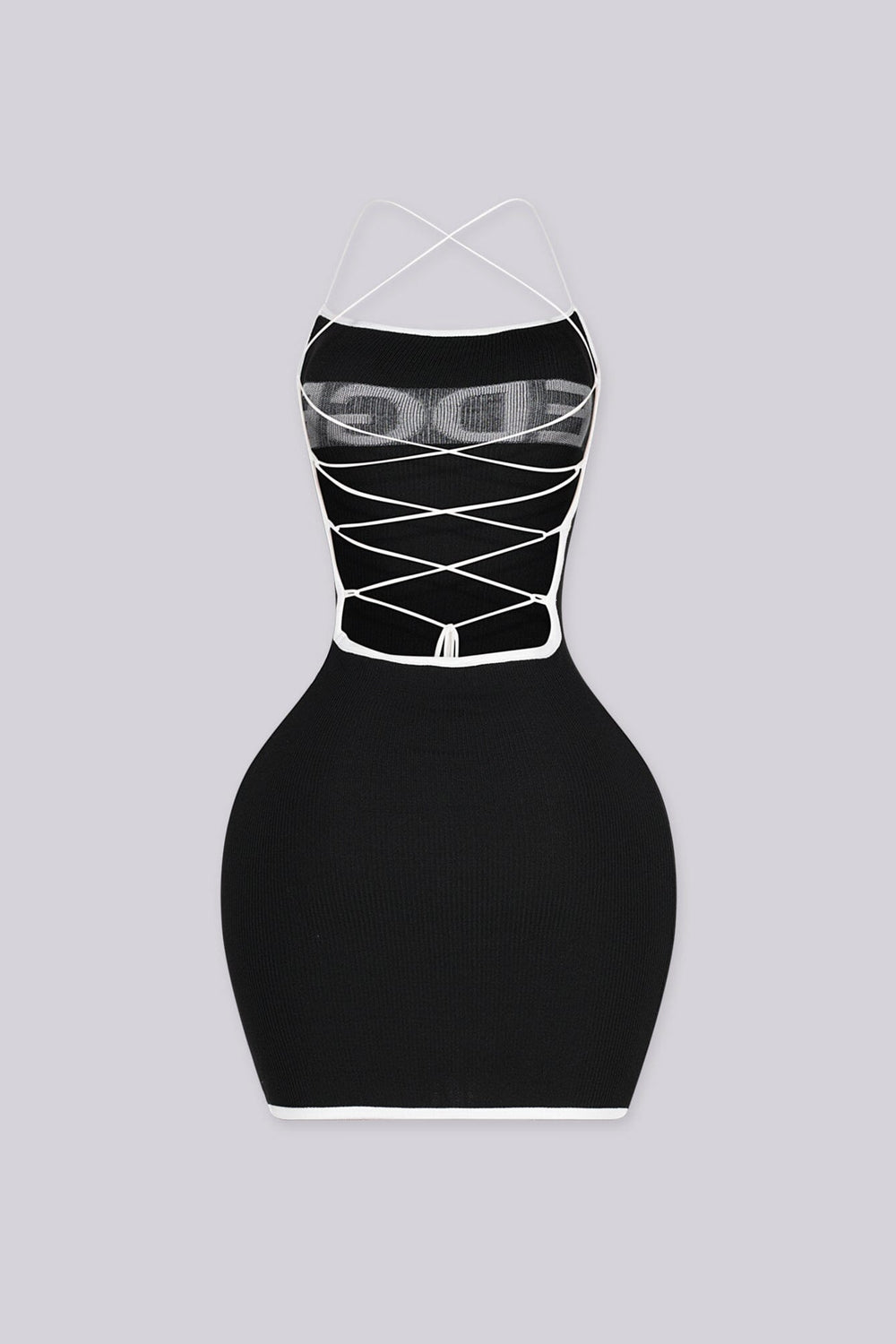 Strapless bodycon knit mini dress with crisscross lace up cutout detailing at back, back view
