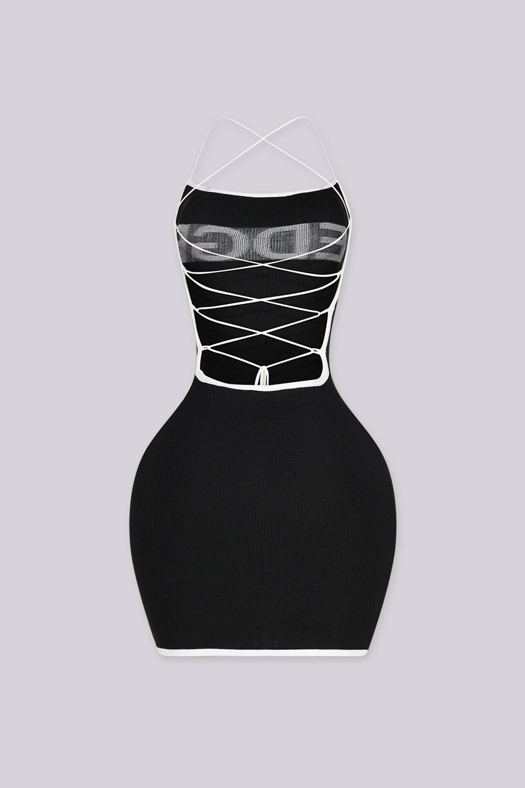 Strapless bodycon knit mini dress with crisscross lace up cutout detailing at back, back view