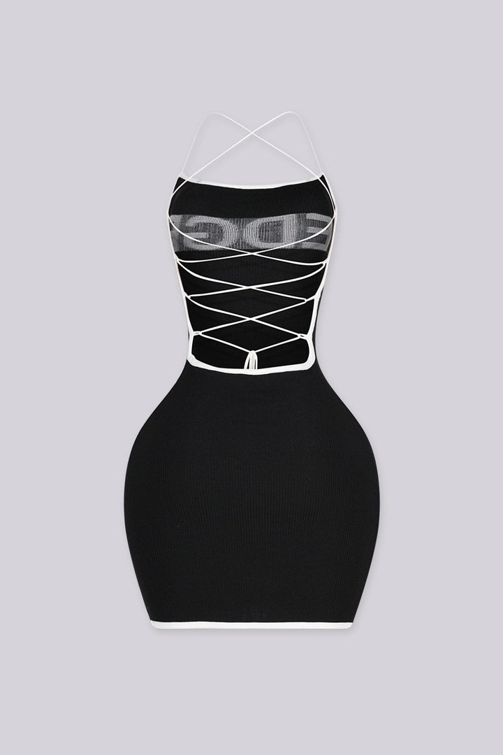 Strapless bodycon knit mini dress with crisscross lace up cutout detailing at back, back view