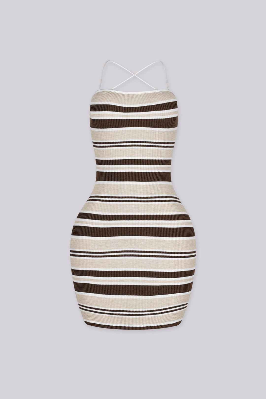 Ribbed knit bodycon mini dress featuring multi toned horizontal stripes detail
Open back with crisscross lace-up closure