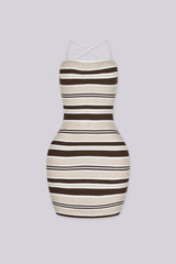 Ribbed knit bodycon mini dress featuring multi toned horizontal stripes detail
Open back with crisscross lace-up closure