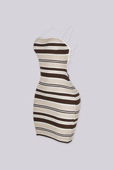 Ribbed knit bodycon mini dress featuring multi toned horizontal stripes detail
Open back with crisscross lace-up closure