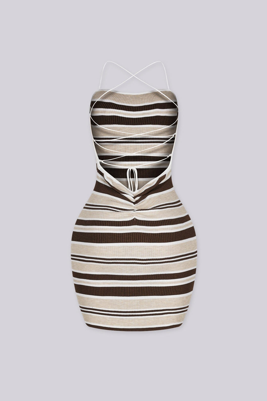 Ribbed knit bodycon mini dress featuring multi toned horizontal stripes detail
Open back with crisscross lace-up closure