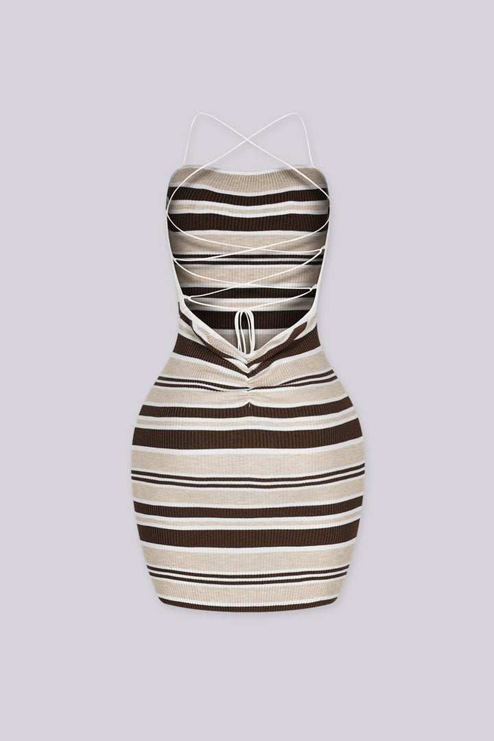 Ribbed knit bodycon mini dress featuring multi toned horizontal stripes detail
Open back with crisscross lace-up closure