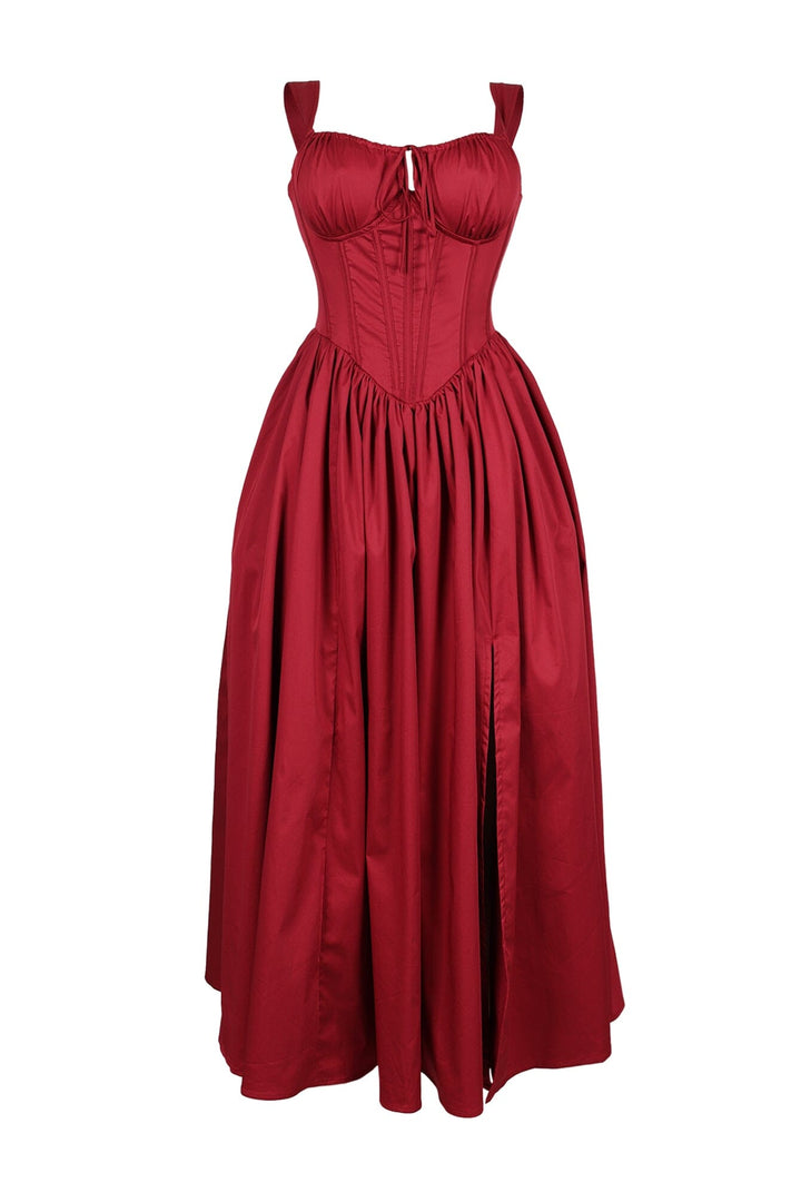 EDGE — wine red poplin corset a-line long dress, front view flat lay