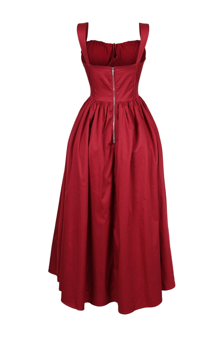 EDGE — wine red poplin corset a-line long dress, back view flat lay showing zipper detail