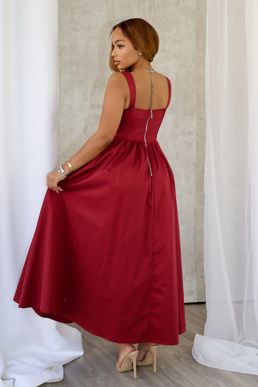 EDGE — wine red poplin corset a-line long dress, back view on model