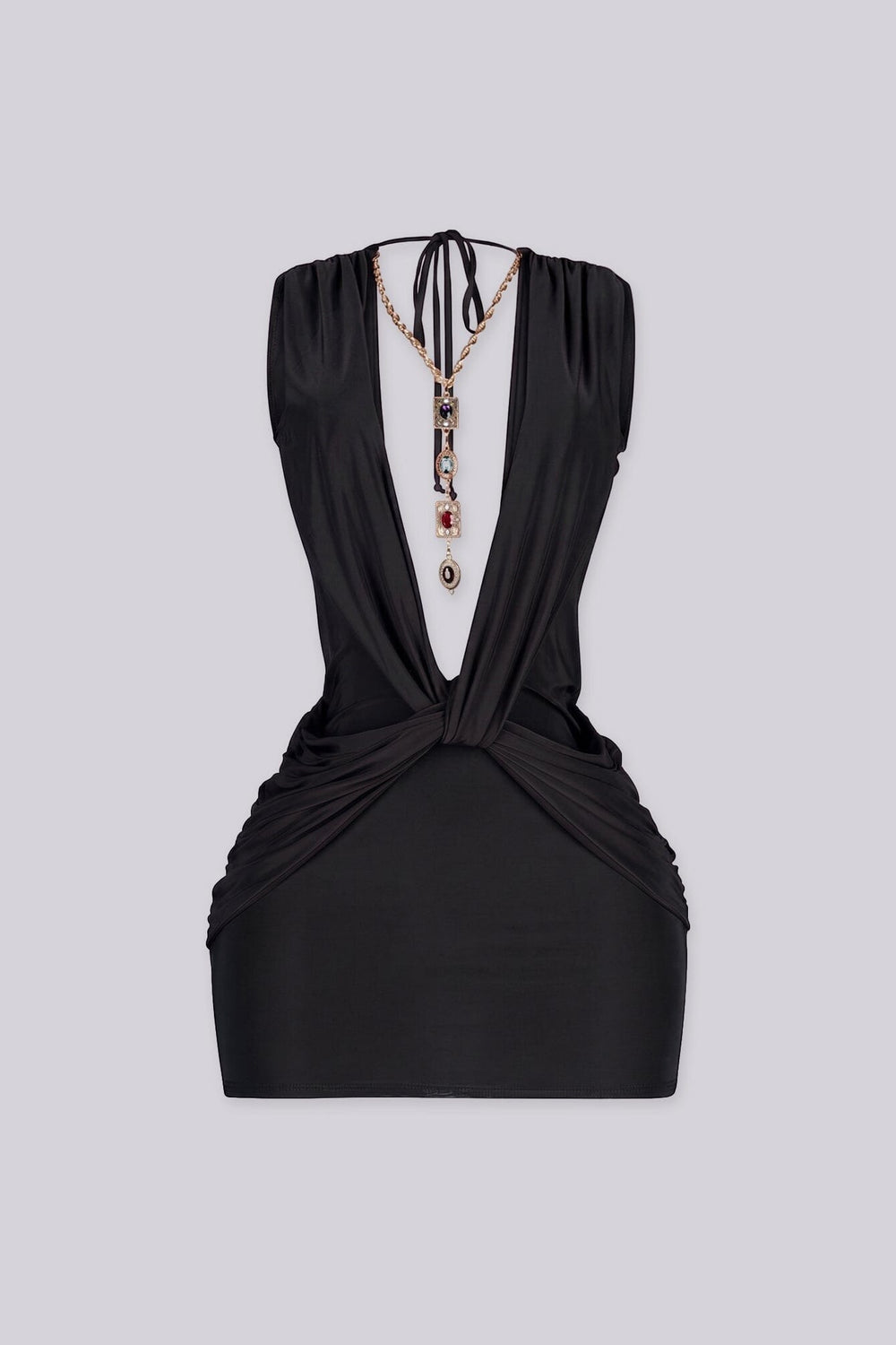 Plunging V neckline with a sculpted twist knot detail at the waist