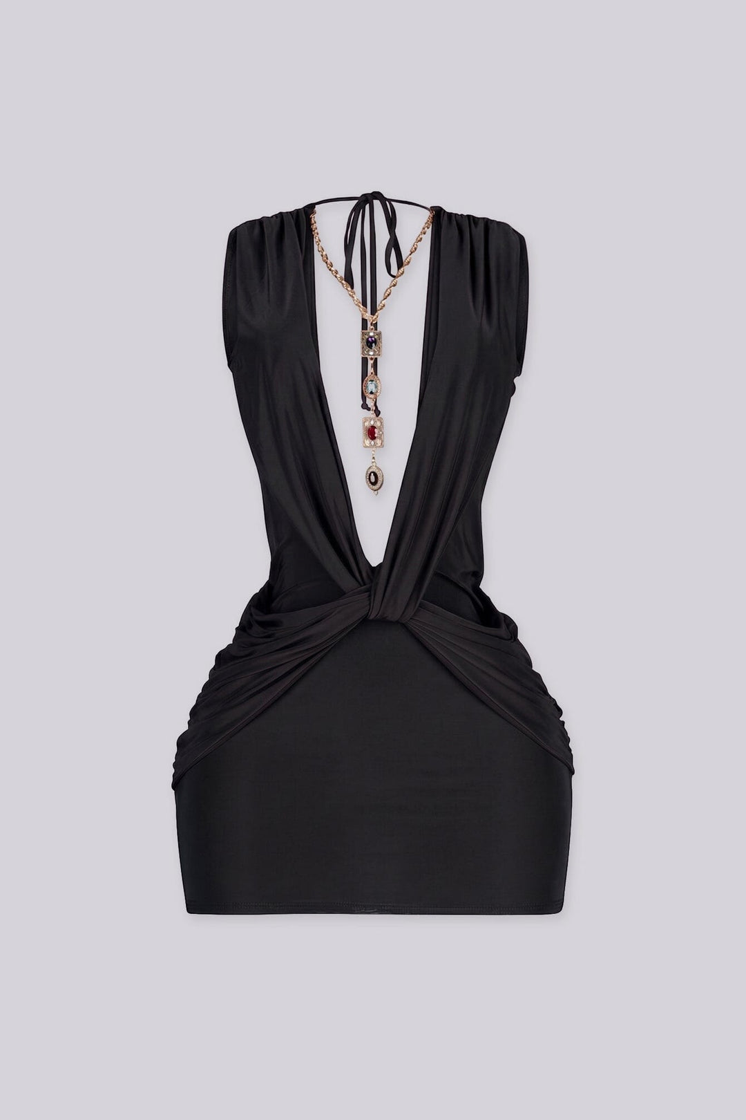 Plunging V neckline with a sculpted twist knot detail at the waist