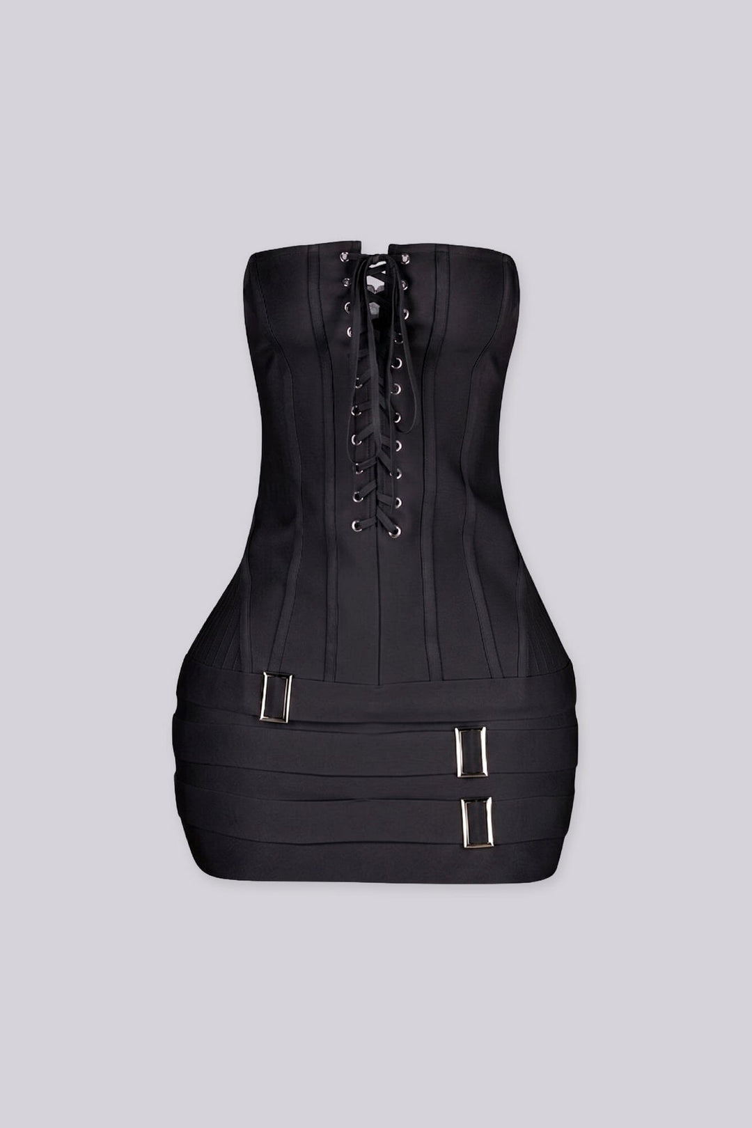 Tube mini dress featuring a corset style lace up front with silver grommets