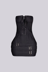 Tube mini dress featuring a corset style lace up front with silver grommets