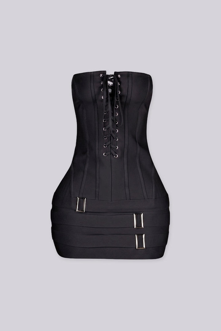 Tube mini dress featuring a corset style lace up front with silver grommets