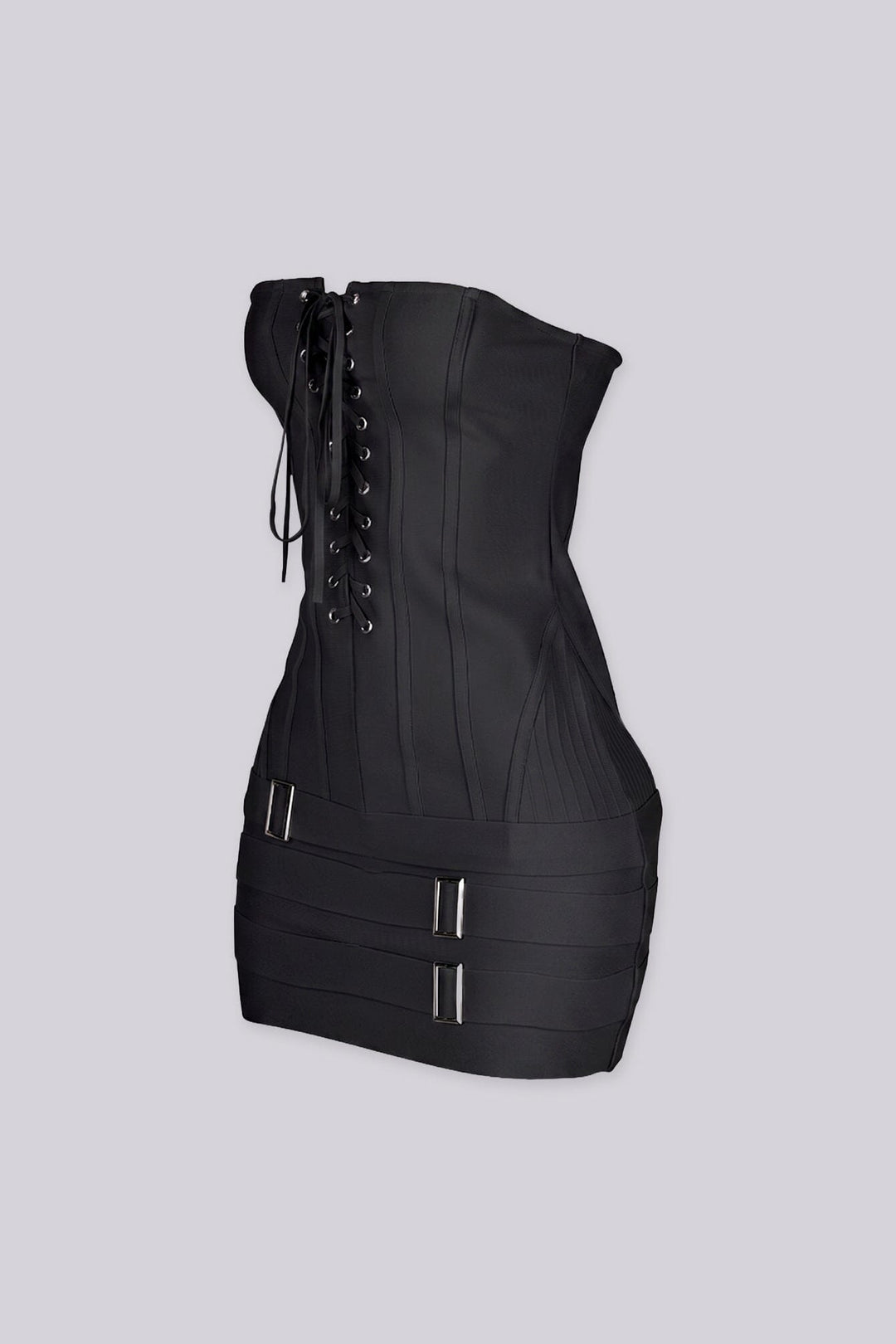 Tube mini dress featuring a corset style lace up front with silver grommets