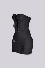 Tube mini dress featuring a corset style lace up front with silver grommets