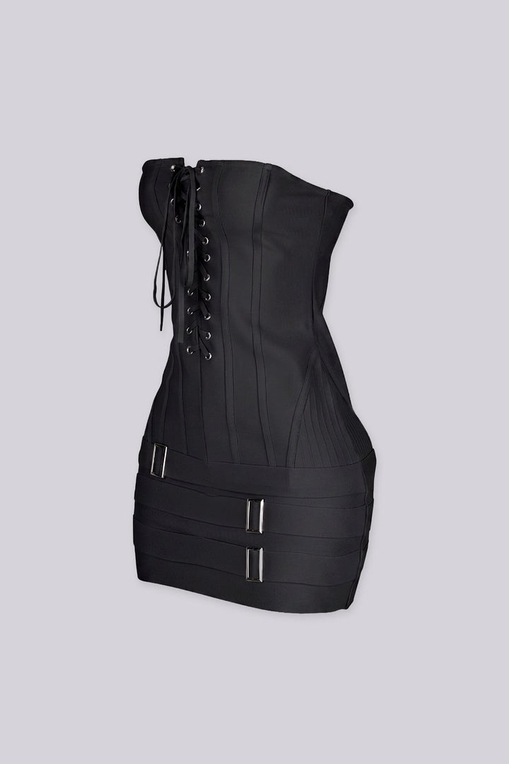 Tube mini dress featuring a corset style lace up front with silver grommets