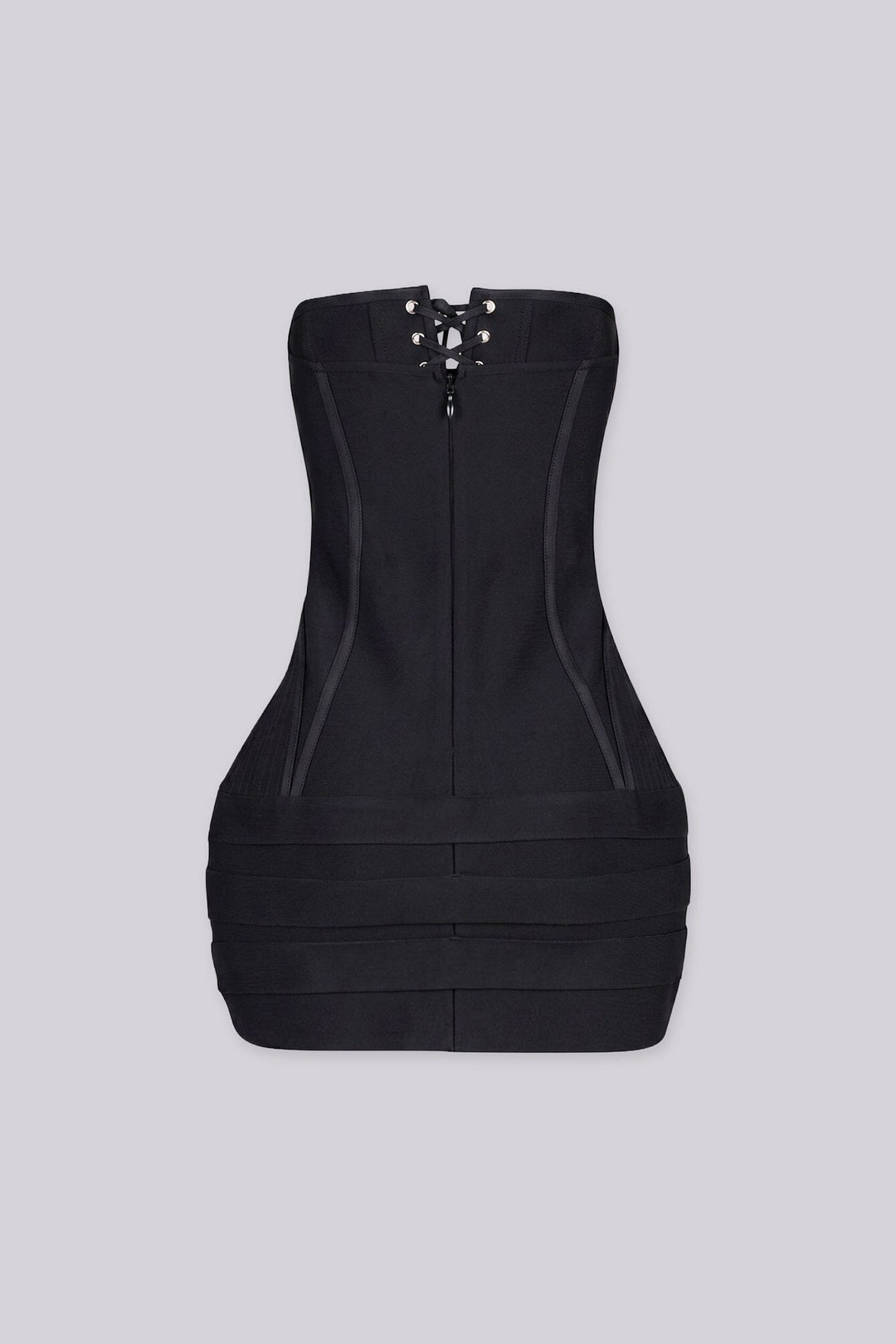 Tube mini dress featuring a corset style lace up front with silver grommets