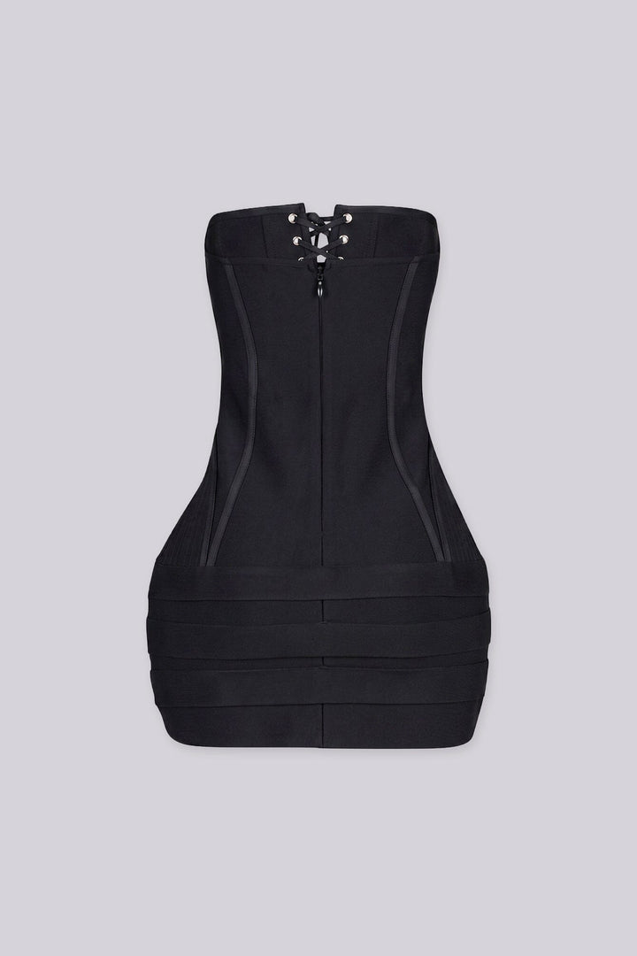 Tube mini dress featuring a corset style lace up front with silver grommets