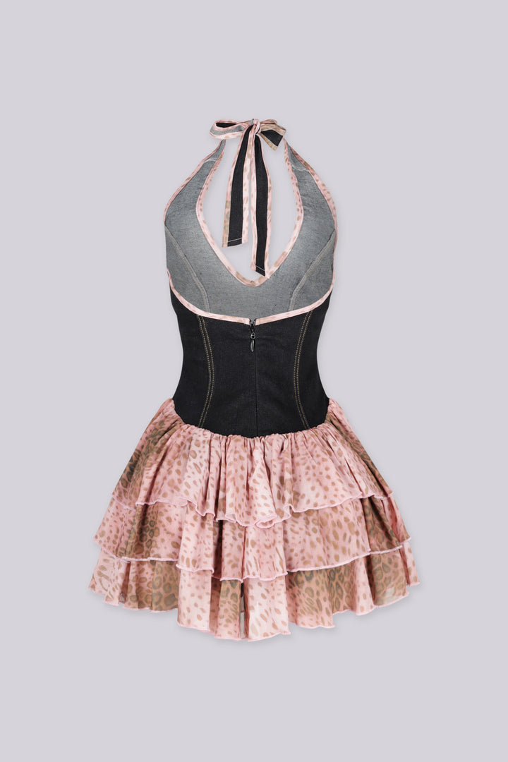 Fitted denim bodice halter mini dress with plunging deep V neckline