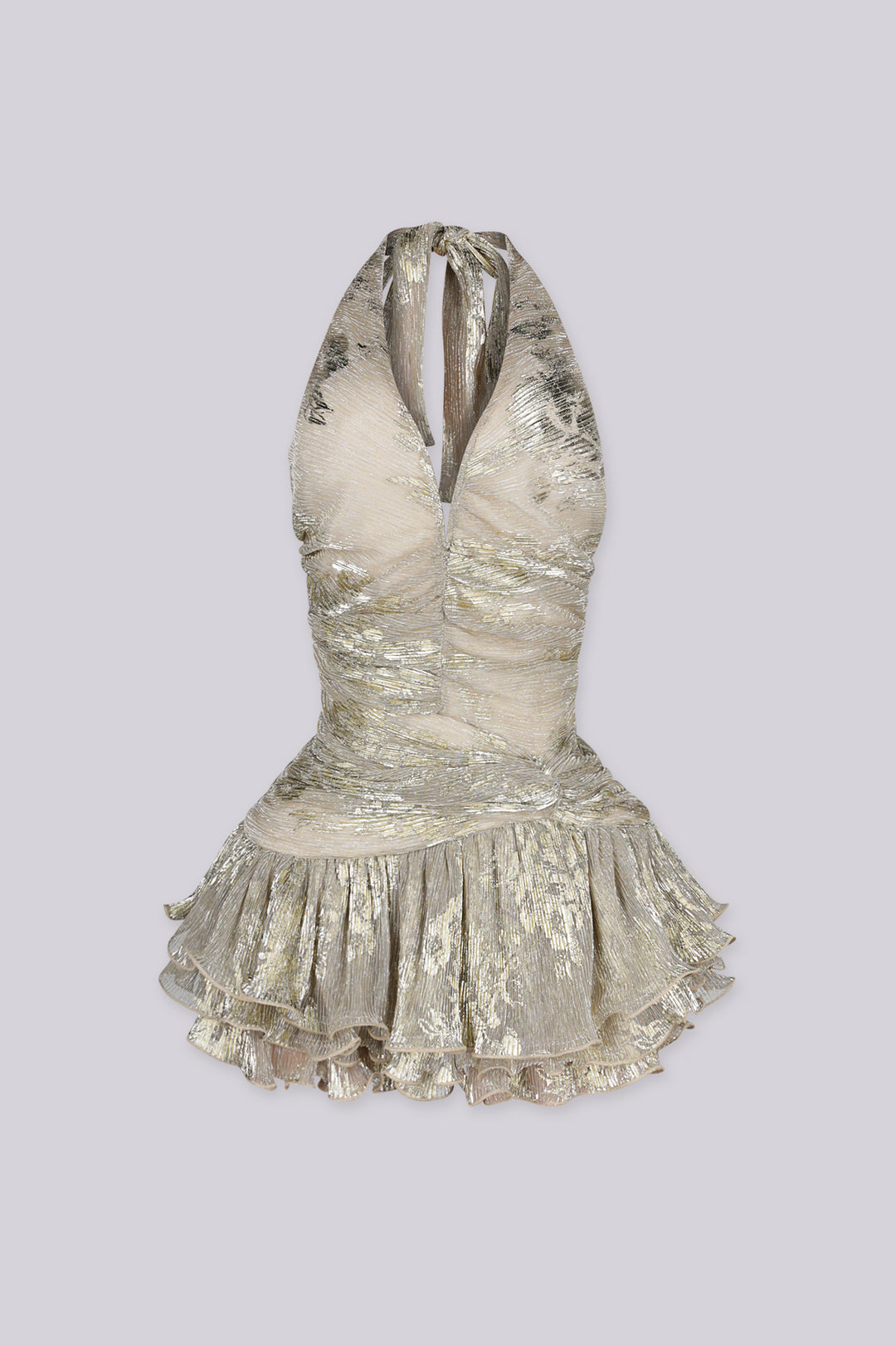 Metallic textured halter mini dress with deep plunging V neckline down to the ruched bodice