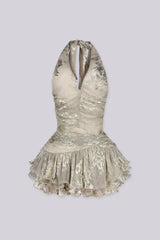 Metallic textured halter mini dress with deep plunging V neckline down to the ruched bodice