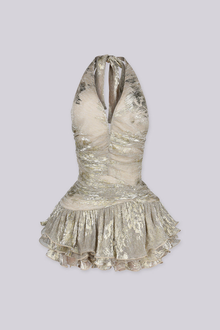 Metallic textured halter mini dress with deep plunging V neckline down to the ruched bodice