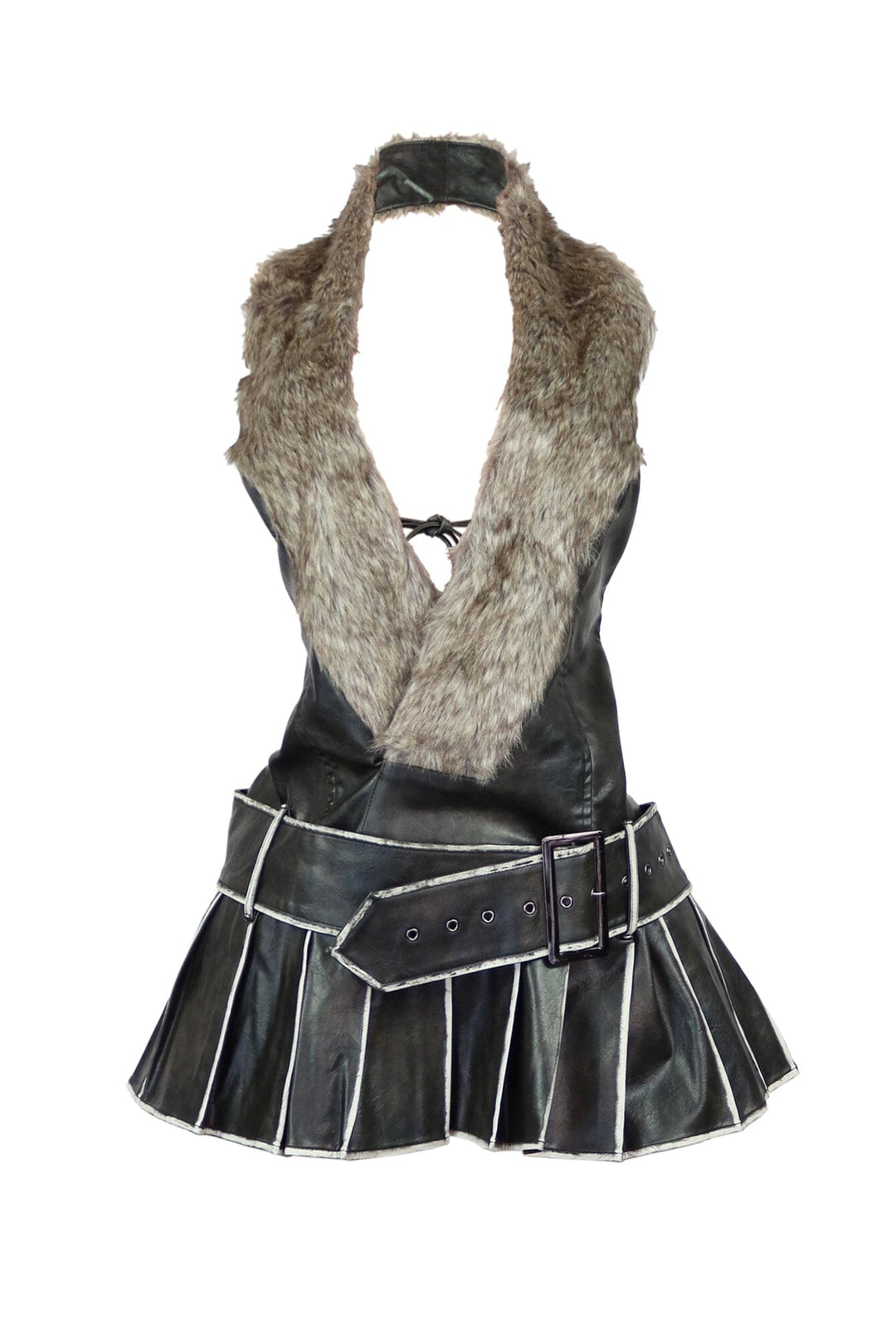 Deep plunging V neck mini dress with faux fur collar in halter neckline
Pleated mini skirt with high contrast piping details featuring wide belt with oversized metal grommets