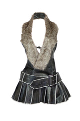 Deep plunging V neck mini dress with faux fur collar in halter neckline
Pleated mini skirt with high contrast piping details featuring wide belt with oversized metal grommets