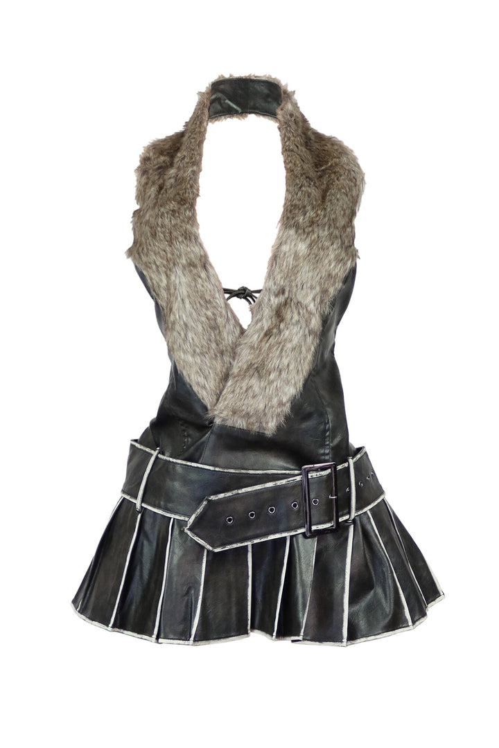 Deep plunging V neck mini dress with faux fur collar in halter neckline
Pleated mini skirt with high contrast piping details featuring wide belt with oversized metal grommets